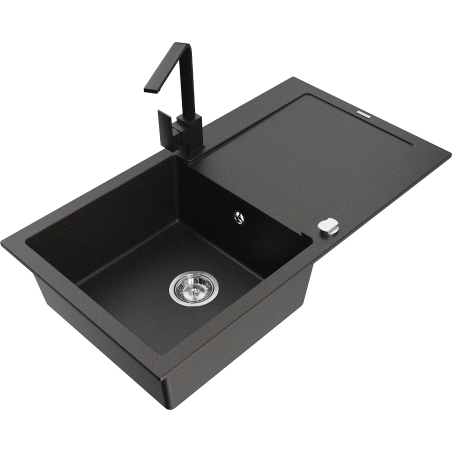 Mexen Leo 1-Bowl Granite Sink with Drainer and Kitchen Faucet Rita, Black/Gold Metallic - 6501-75-670300-70