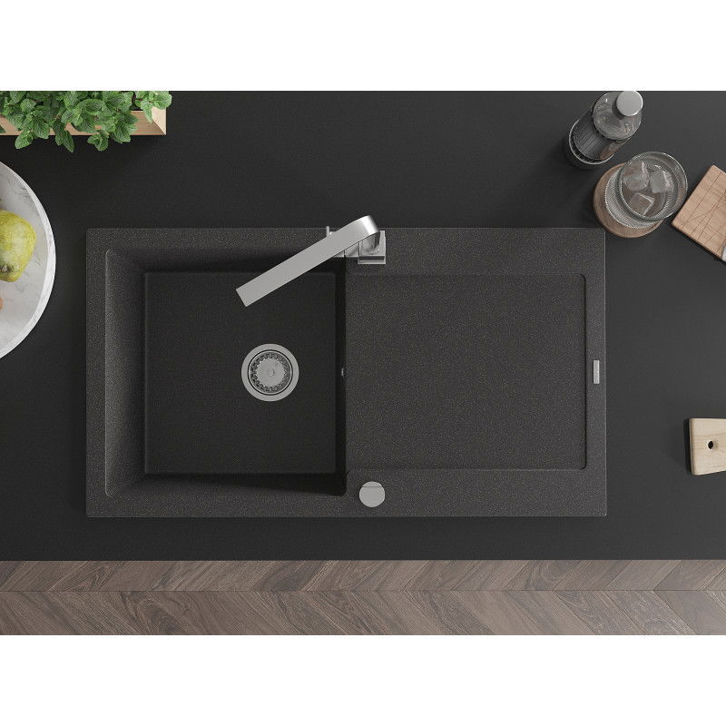 Mexen Leo Granitspüle 1-Becken mit Abtropffläche und Küchenarmatur Rita, schwarz gesprenkelt - 6501-76-670300-00
