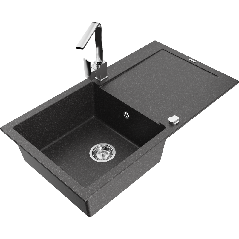 Mexen Leo 1-bowl granite sink with drainer and Rita kitchen tap, speckled black - 6501-76-670300-00
