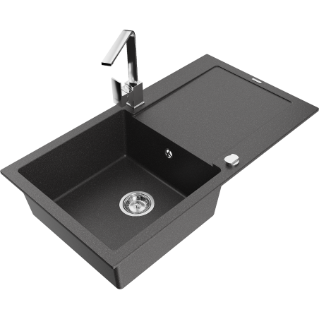 Mexen Leo 1-bowl granite sink with drainer and Rita kitchen tap, speckled black - 6501-76-670300-00