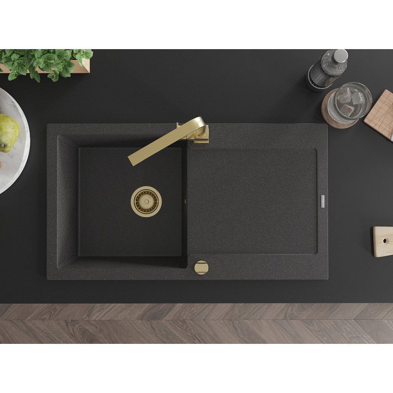 Mexen Leo granite sink 1-bowl with drainer and Rita kitchen tap, black speckled - 6501-76-670300-50