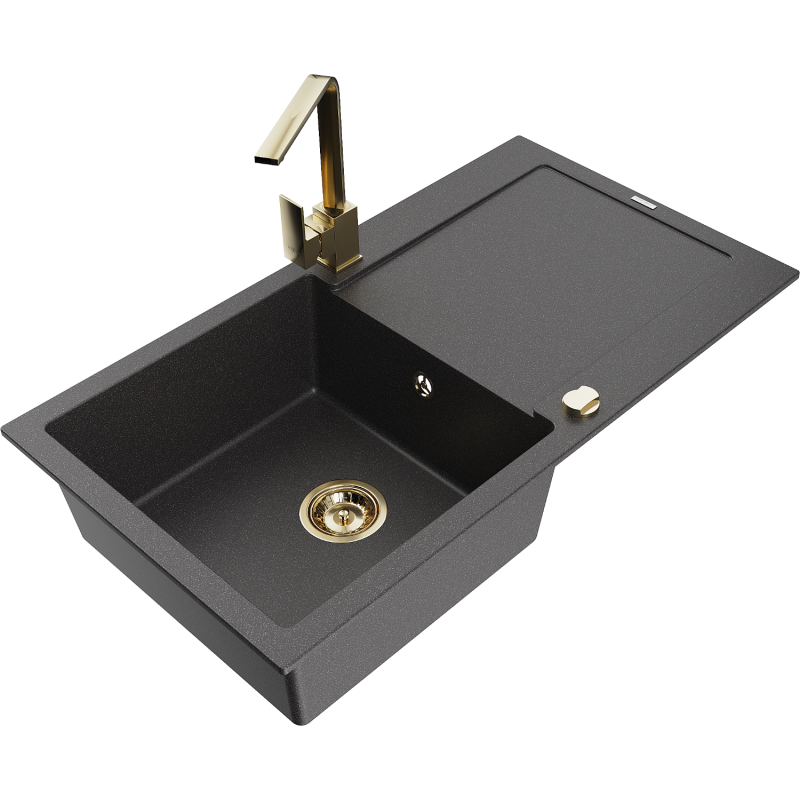 Mexen Leo granite sink 1-bowl with drainer and Rita kitchen tap, black speckled - 6501-76-670300-50