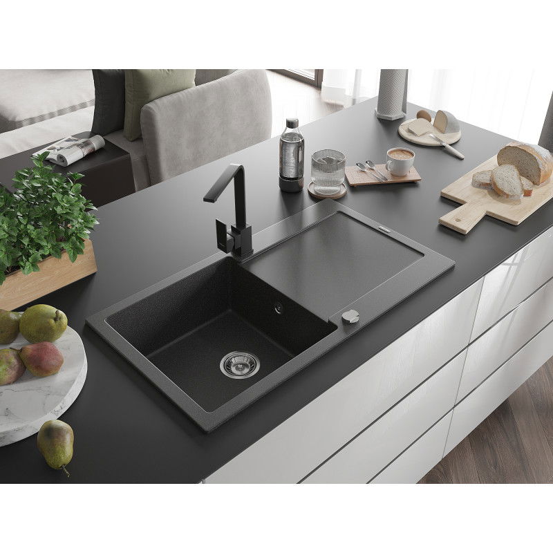 Mexen Leo fregadero de granito de 1 cubeta con escurridor y grifo de cocina Rita, negro moteado - 6501-76-670300-70