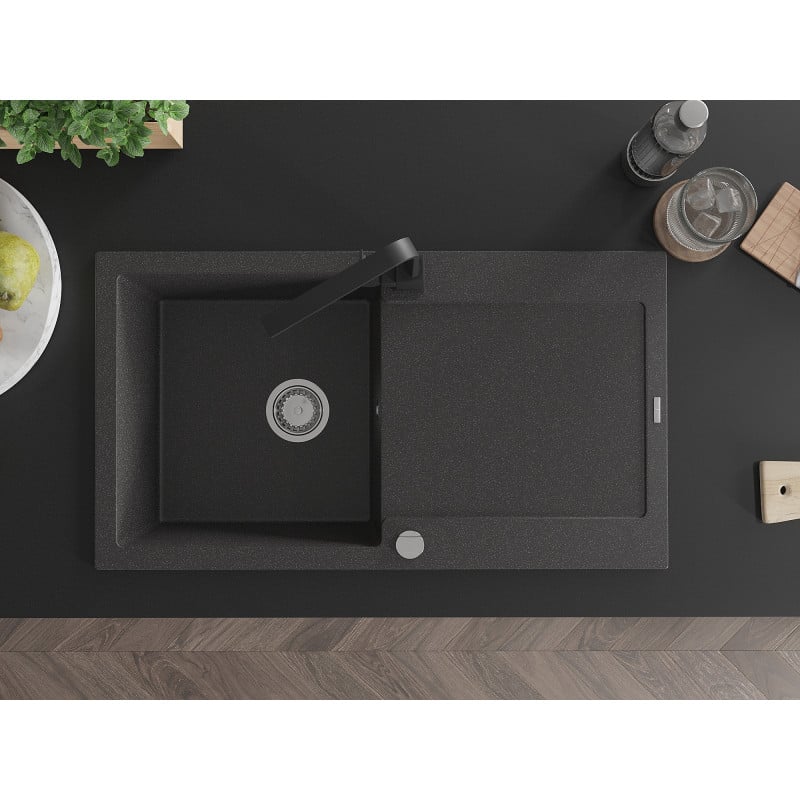 Mexen Leo granite sink 1-bowl with drainer and Rita kitchen tap, speckled black - 6501-76-670300-70
