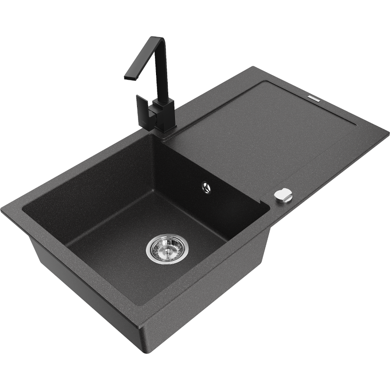 Mexen Leo fregadero de granito de 1 cubeta con escurridor y grifo de cocina Rita, negro moteado - 6501-76-670300-70
