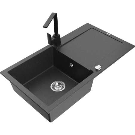 Mexen Leo fregadero de granito de 1 cubeta con escurridor y grifo de cocina Rita, negro moteado - 6501-76-670300-70