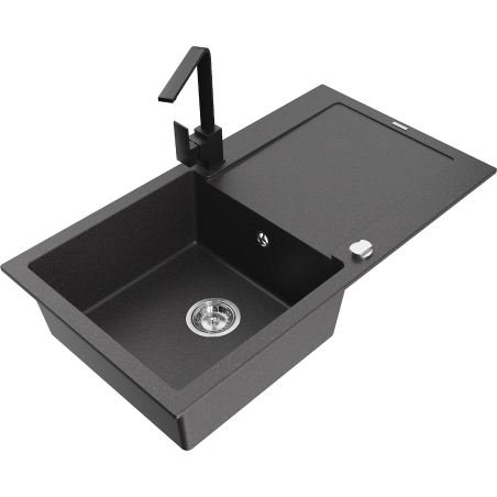 Mexen Leo granite sink 1-bowl with drainer and Rita kitchen tap, speckled black - 6501-76-670300-70