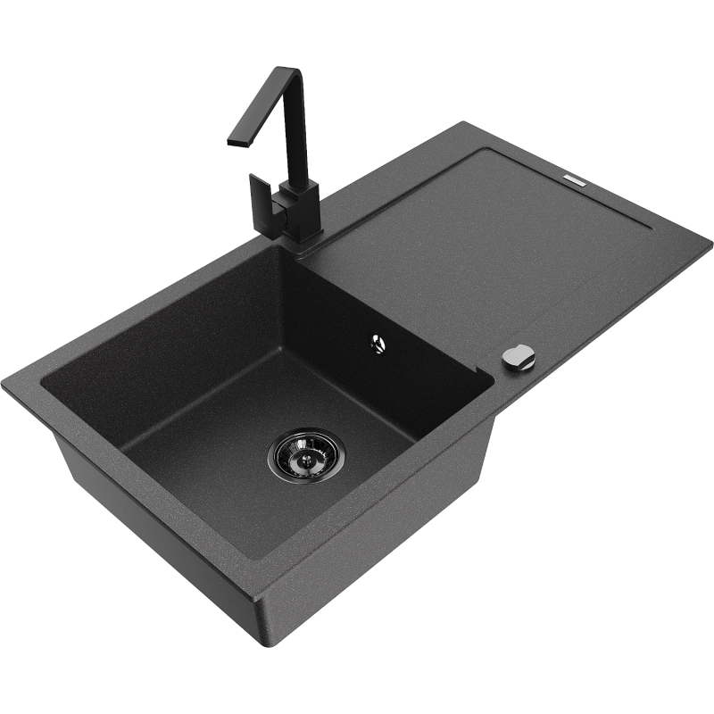 Mexen Leo 1-bowl granite kitchen sink with drainer and Rita kitchen tap, black speckled - 6501-76-670300-70-B