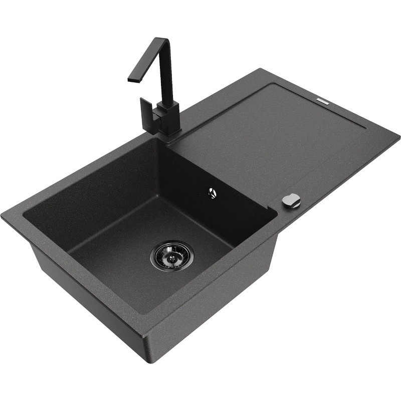 Mexen Leo fregadero de granito de 1 seno con escurridor y grifo de cocina Rita, negro moteado - 6501-76-670300-70-B
