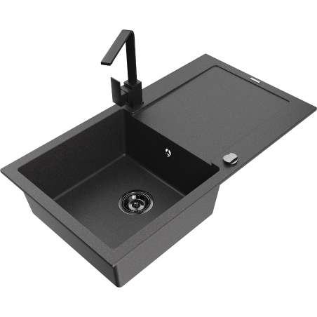 Mexen Leo 1-bowl granite kitchen sink with drainer and Rita kitchen tap, black speckled - 6501-76-670300-70-B