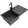 Mexen Leo 1-bowl granite kitchen sink with drainer and Rita kitchen tap, black speckled - 6501-76-670300-70-B