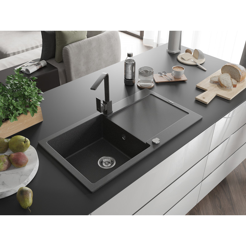 Mexen Leo fregadero de granito de 1 seno con escurridor y grifo de cocina Rita, negro moteado - 6501-76-670300-76