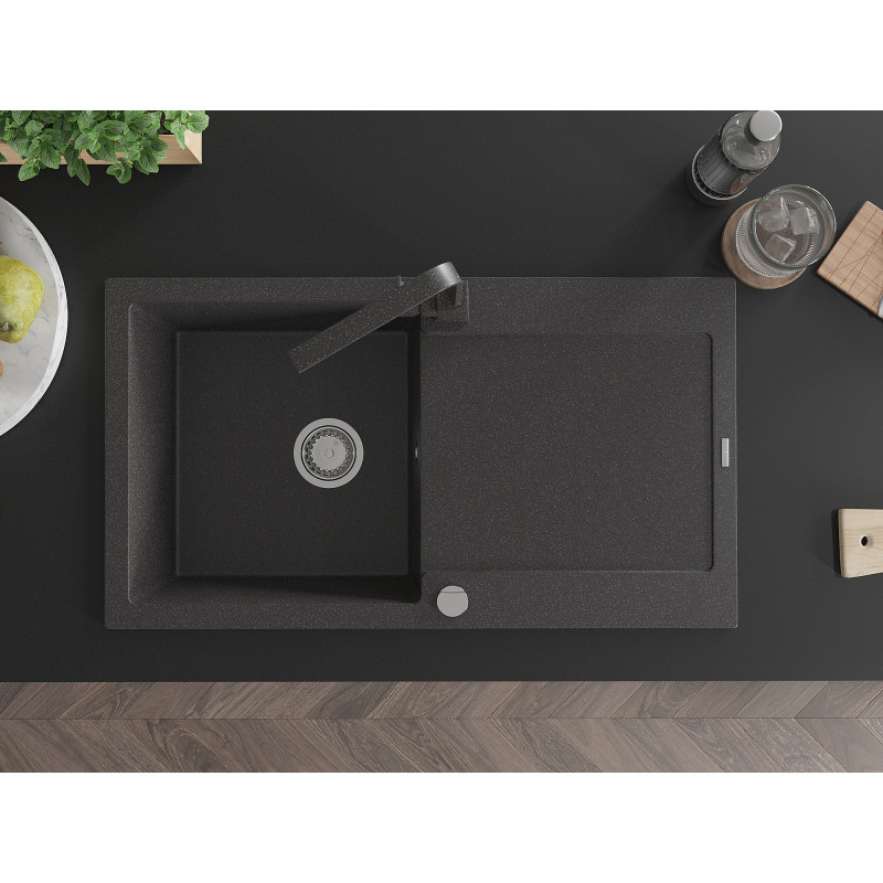 Mexen Leo fregadero de granito de 1 seno con escurridor y grifo de cocina Rita, negro moteado - 6501-76-670300-76