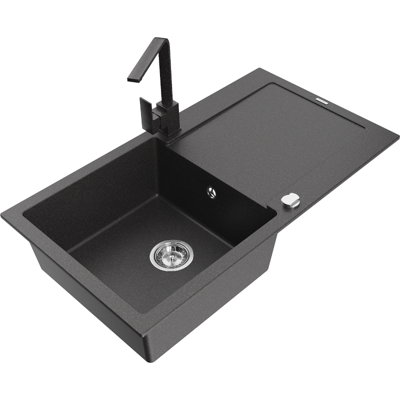 Mexen Leo fregadero de granito de 1 seno con escurridor y grifo de cocina Rita, negro moteado - 6501-76-670300-76