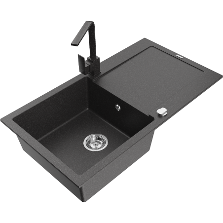 Mexen Leo fregadero de granito de 1 cubeta con escurridor y grifo de cocina Rita, negro moteado - 6501-76-670300-76