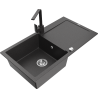 Mexen Leo lavello da cucina in granito a 1 vasca con sgocciolatoio e rubinetto cucina Rita, nero maculato - 6501-76-670300-76