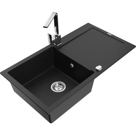 Mexen Leo granite sink 1-bowl with drainer and Rita kitchen tap, black - 6501-77-670300-00