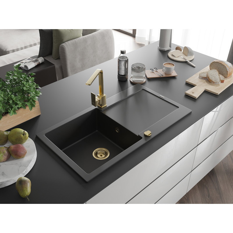 Mexen Leo fregadero de granito de 1 seno con escurridor y grifo de cocina Rita, negro - 6501-77-670300-50