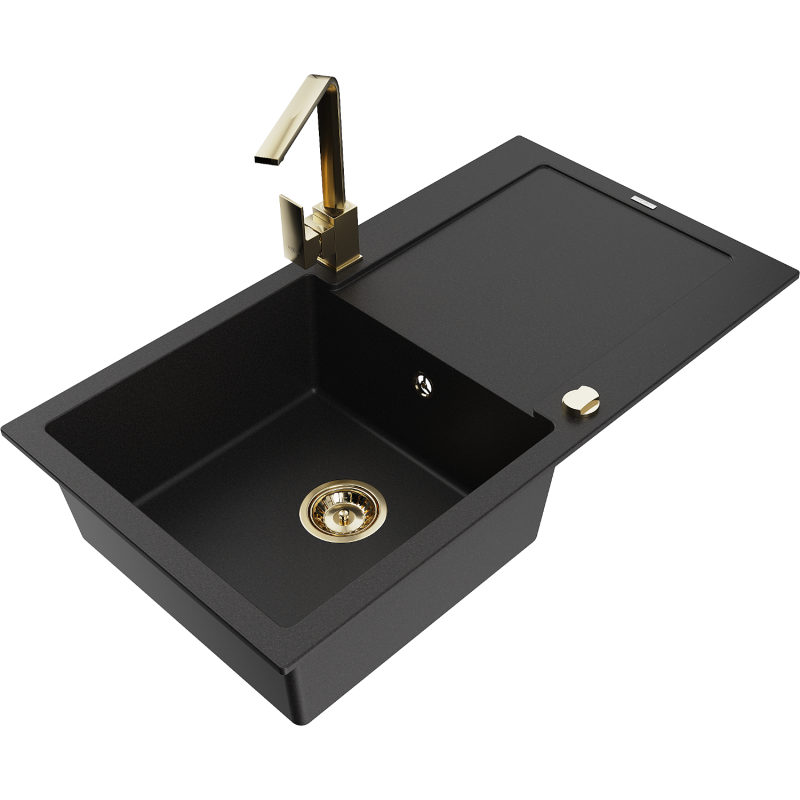 Mexen Leo fregadero de granito de 1 cubeta con escurridor y grifo de cocina Rita, negro - 6501-77-670300-50
