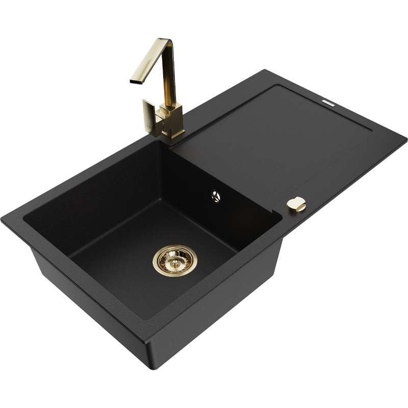 Mexen Leo Granite Sink 1-Bowl with Drainer and Kitchen Tap Rita, Black - 6501-77-670300-50