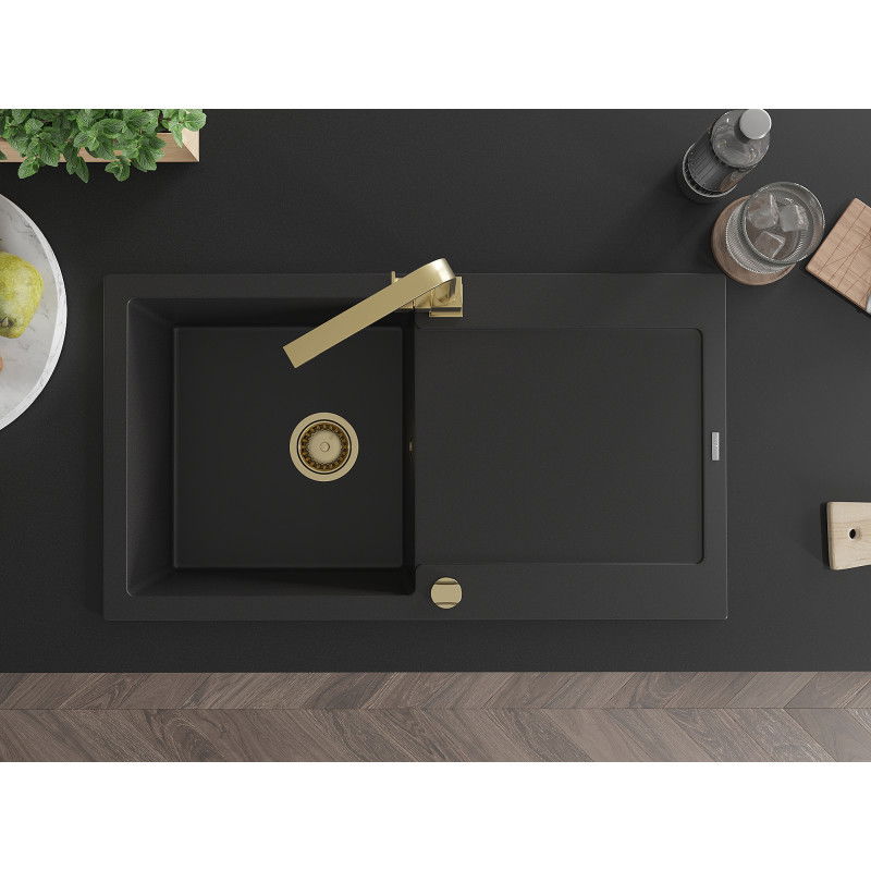 Mexen Leo Granite Sink 1-Bowl with Drainer and Kitchen Tap Rita, Black - 6501-77-670300-50