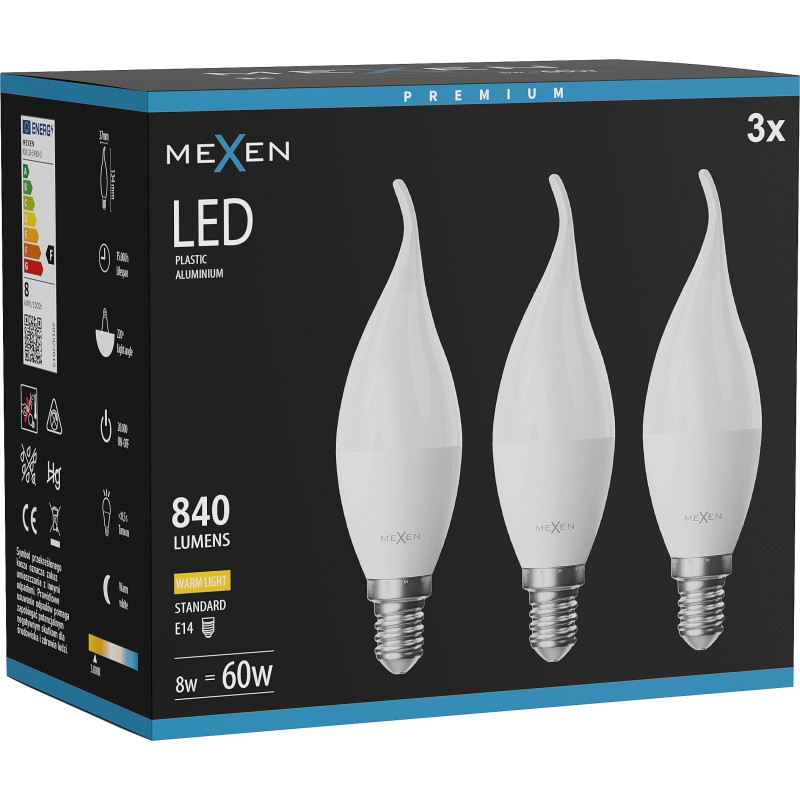 Mexen Nova 3x LED-lamppu liekki E14, C37, 8W, Lämmin - 3000K, 840 lm - L106-E14-0830-01x03