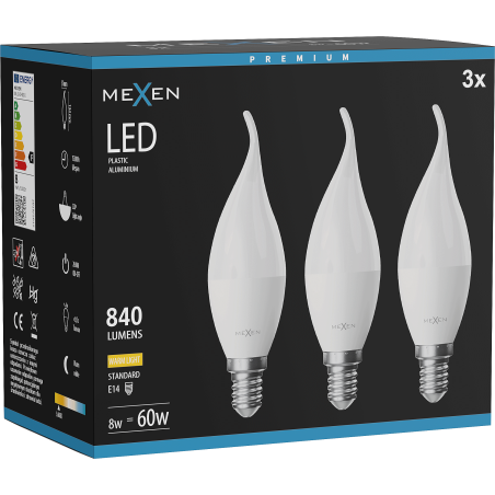 Mexen Nova 3x Λαμπτήρας LED κερί E14, C37, 8W, Θερμό - 3000K, 840 lm - L106-E14-0830-01x03