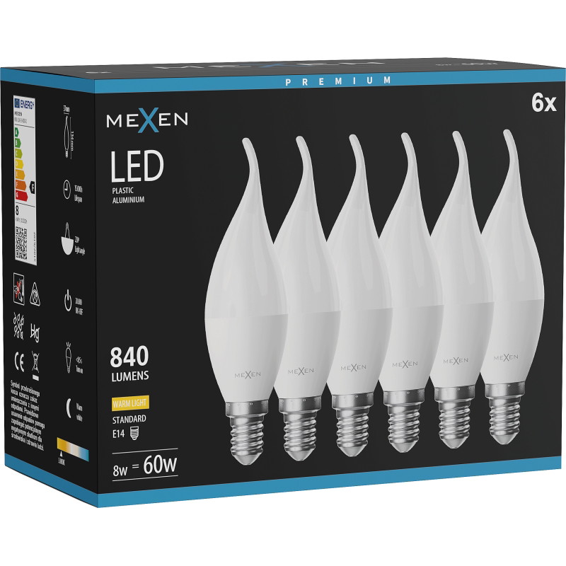 Mexen Nova 6x Lampadina LED a fiamma E14, C37, 8W, Calda - 3000K, 840 lm - L106-E14-0830-01x06