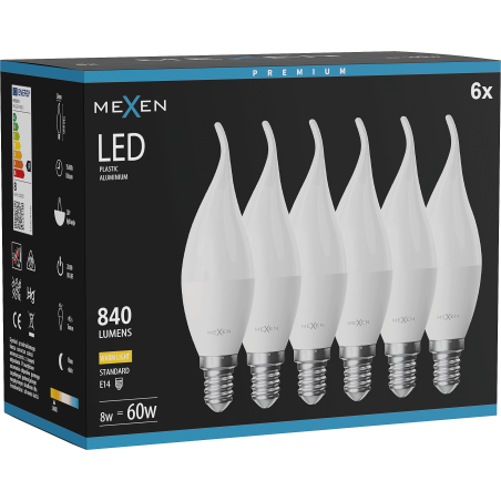 Mexen Nova 6x LED spuldze svece E14, C37, 8W, Silti - 3000K, 840 lm - L106-E14-0830-01x06