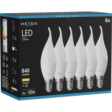 Mexen Nova 6x żarówka LED płomyk E14, C37, 8W, Ciepła - 3000K, 840 lm - L106-E14-0830-01x06