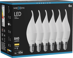 Mexen Nova 6x LED-lamp Flame E14, C37, 8W, Soe - 3000K, 840 lm - L106-E14-0830-01x06