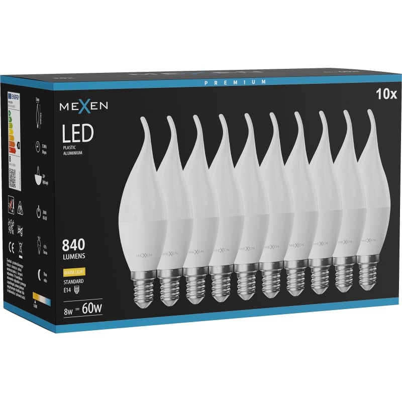 Mexen Nova 10x LED-gloeilamp kaars E14, C37, 8W, Warm - 3000K, 840 lm - L106-E14-0830-01x10
