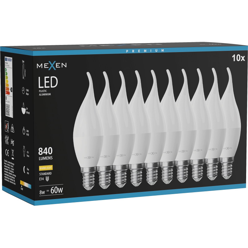 Mexen Nova 10x LED-lamppu liekki E14, C37, 8W, Lämmin - 3000K, 840 lm - L106-E14-0830-01x10
