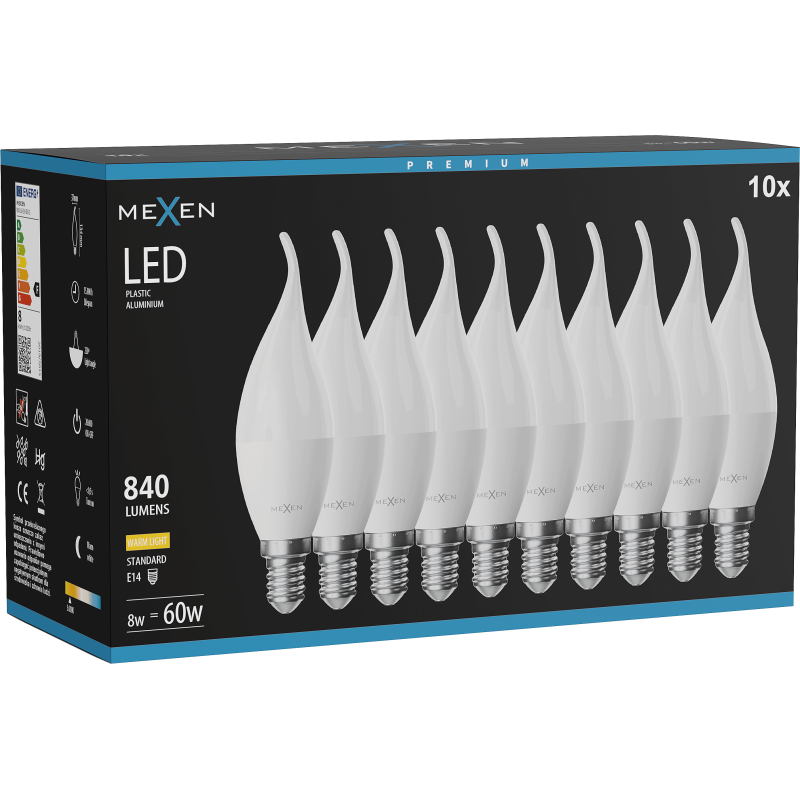Mexen Nova 10x LED žarnica plamen E14, C37, 8W, Topla - 3000K, 840 lm - L106-E14-0830-01x10