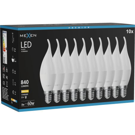 Mexen Nova 10x Lampadina LED fiamma E14, C37, 8W, Calda - 3000K, 840 lm - L106-E14-0830-01x10