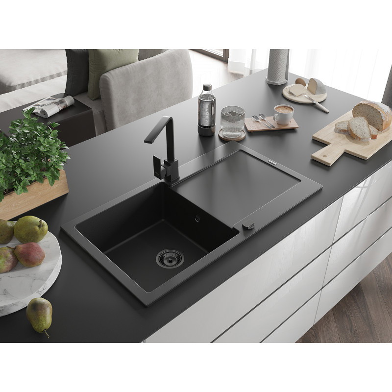 Mexen Leo fregadero de granito de 1 compartimento con escurridor y grifo de cocina Rita, negro - 6501-77-670300-70-B