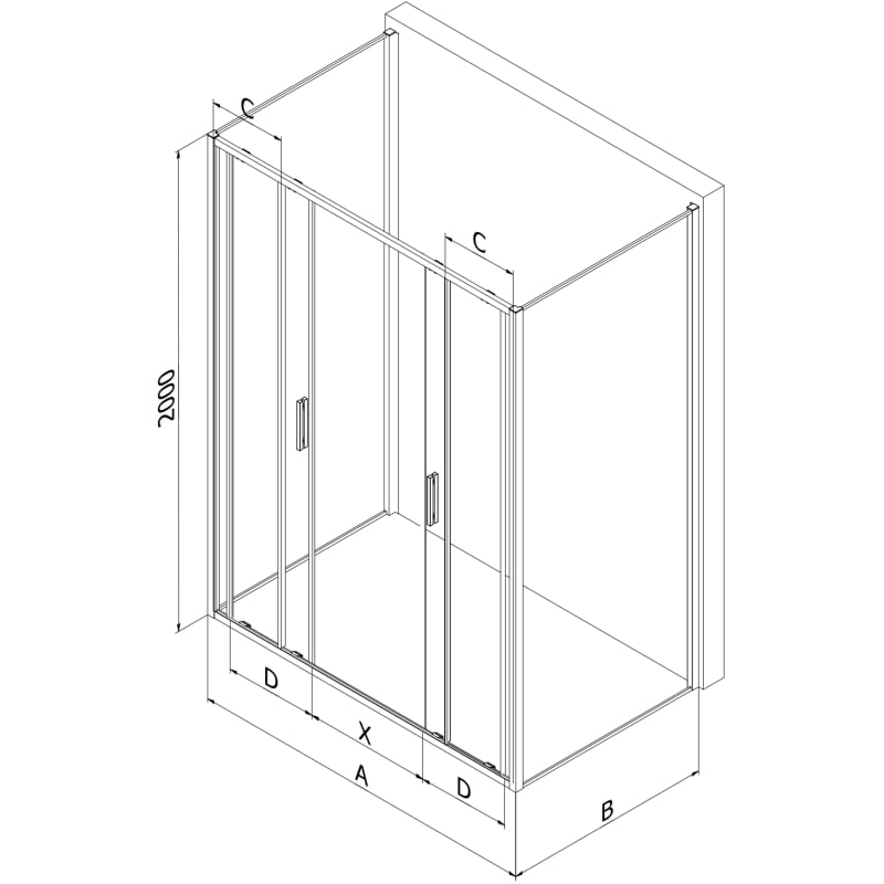 Mexen Exo-3S duschkabin 3-väggig skjutdörr 150 x 80 cm, transparent, svart - 8152-150-080-70-00-3S