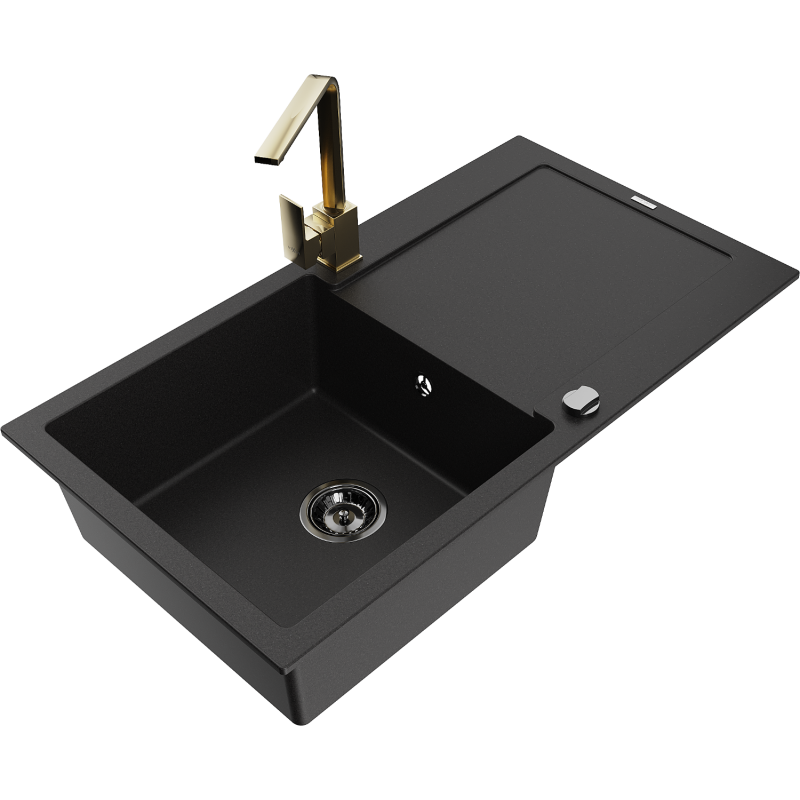 Mexen Leo granite kitchen sink 1-bowl with drainer and Rita kitchen tap, black - 6501-77-670300-50-B