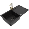 Mexen Leo granite kitchen sink 1-bowl with drainer and Rita kitchen tap, black - 6501-77-670300-50-B