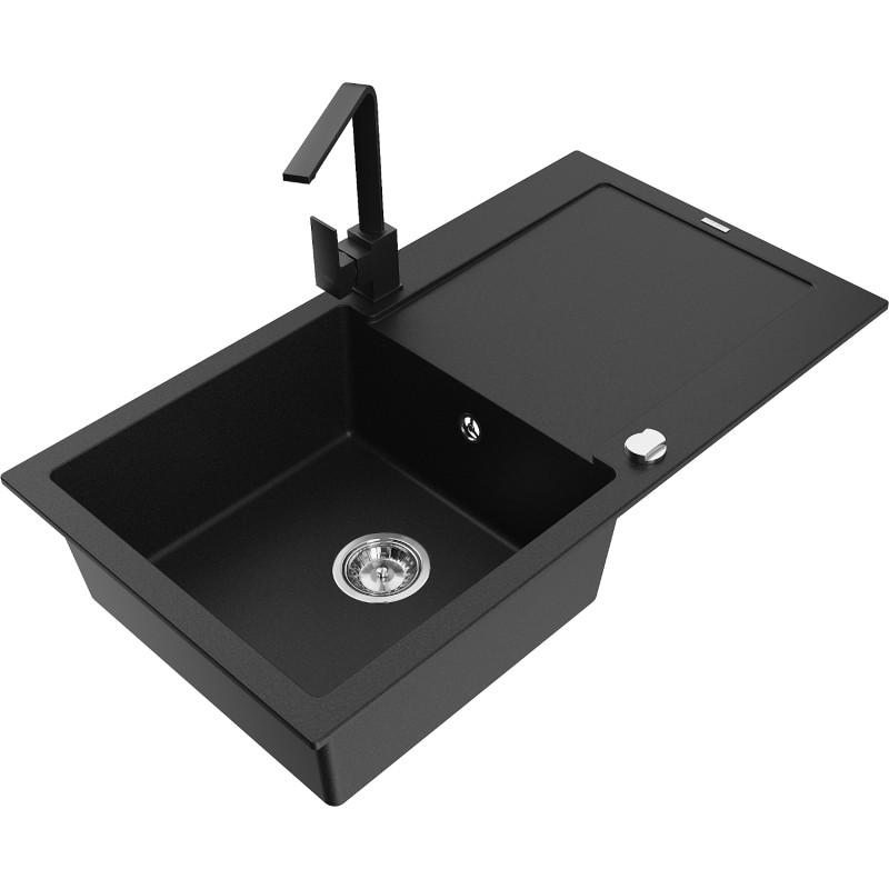 Mexen Leo fregadero de granito de 1 compartimento con escurridor y grifo de cocina Rita, negro - 6501-77-670300-70