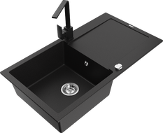 Mexen Leo single-bowl granite sink with drainer and Rita kitchen tap, black - 6501-77-670300-70
