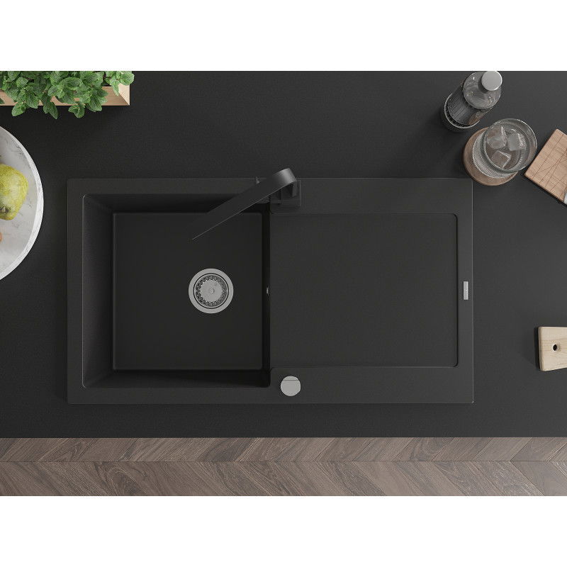 Mexen Leo single-bowl granite sink with drainer and Rita kitchen tap, black - 6501-77-670300-70