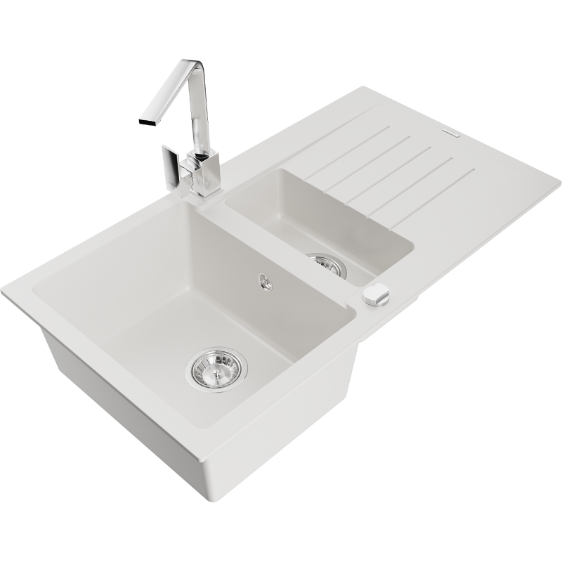 Mexen Matias granitdiskbänk med 1,5 fack med avrinningsyta och kökskran Rita, vit - 6502-20-670300-00