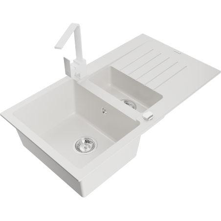 Mexen Matias granite kitchen sink 1.5-bowl with drainer and Rita kitchen tap, white - 6502-20-670300-20