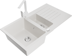Mexen Matias granitno korito za pomivanje posode 1,5-komorno z odcejalnikom in kuhinjsko pipo Rita, belo - 6502-20-670300-20