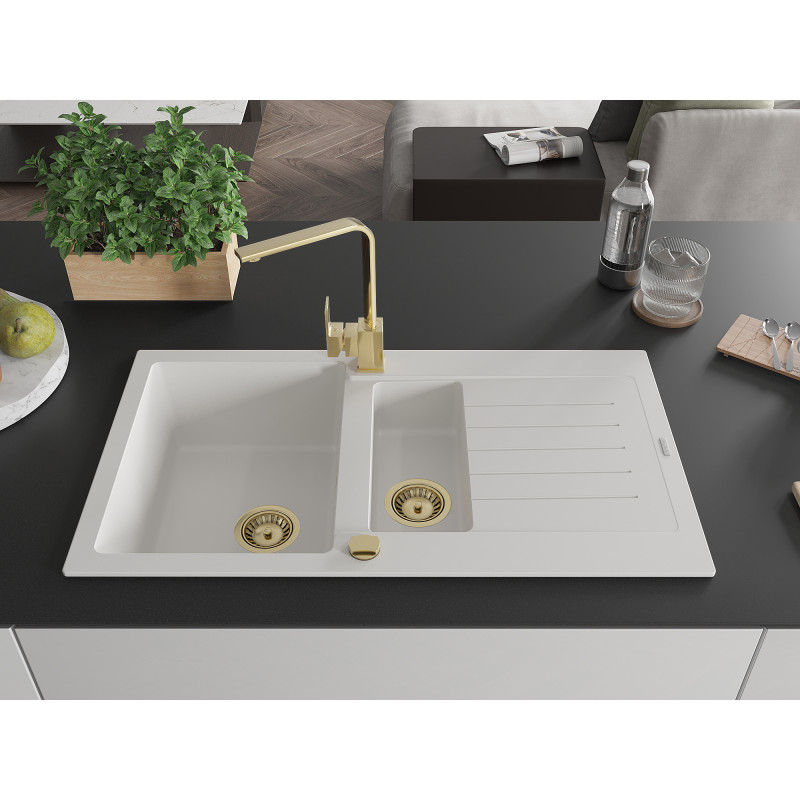 Mexen Matias fregadero de granito de 1,5 cubetas con escurridor y grifo de cocina Rita, blanco - 6502-20-670300-50