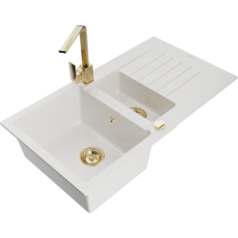 Mexen Matias fregadero de granito de 1,5 senos con escurridor y grifo de cocina Rita, blanco - 6502-20-670300-50