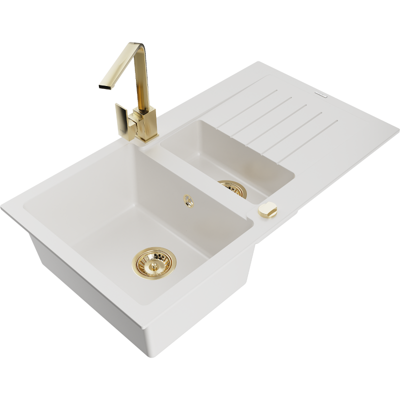 Mexen Matias granite sink 1.5-bowl with drainer and Rita kitchen tap, white - 6502-20-670300-50