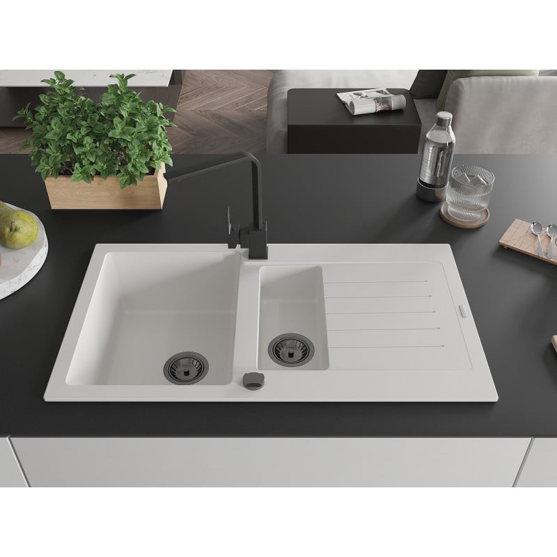 Mexen Matias lava-louça de granito 1,5-cuba com escorredor e torneira de cozinha Rita, branco - 6502-20-670300-70