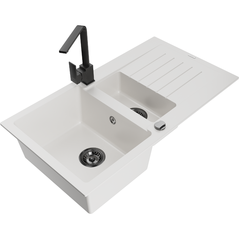Mexen Matias fregadero de granito de 1,5 senos con escurridor y grifo de cocina Rita, blanco - 6502-20-670300-70